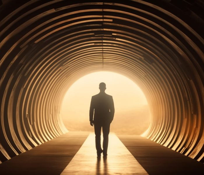 Silhouette of successful businessman walking towards the future generated by artificial intelligence